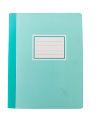 Back to school. Blank label light blue color notebook isolated transparent background, PNG