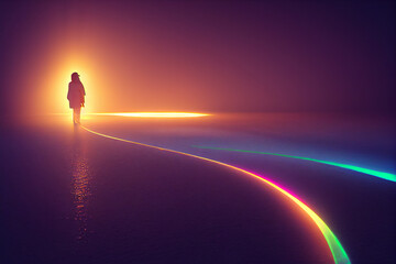 person walking towards sunset