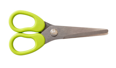 School scissors closed, green handle isolated, transparent background, PNG. 
 - obrazy, fototapety, plakaty