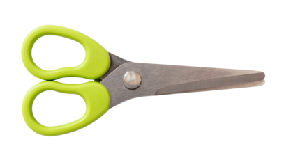 School scissors closed, green handle isolated, transparent background, PNG. 
