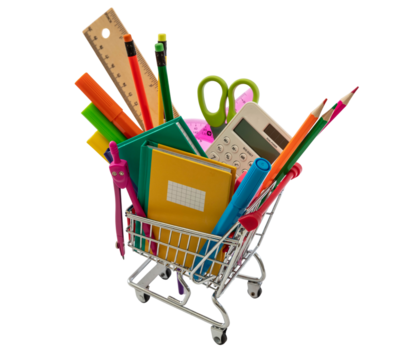 Back to school. School office supply and stationery in a shopping trolley isolated transparent background, PNG - Powered by Adobe