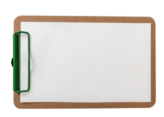 Wooden clipboard with blank white paper sheet isolated, transparent background. PNG. Notebook empty, top view