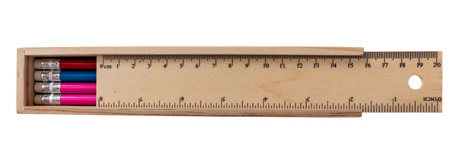 Pencil case isolated on transparent background, Png. Wooden school tool, measure in centimeters and...