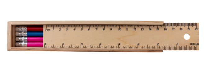 Pencil case isolated on transparent background, Png. Wooden school tool, measure in centimeters and inches