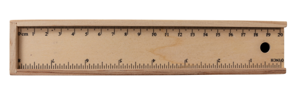Pencil case isolated on transparent background, Png. Wooden school tool, measure in centimeters and inches