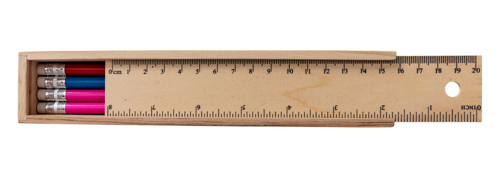 Pencil case isolated on transparent background, Png. Wooden school tool, measure in centimeters and inches