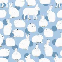 Seamless pattern with Arctic hares Lepus arcticus in different poses. Wild animal of the Arctic tundra. Realistic vector rabbits