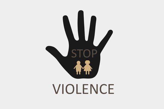 Frightened sad girl and boy holds hands, restricting gesture, stop symbol. Violence, abuse against children.