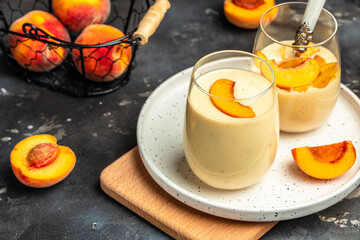 yogurt peaches breakfast drink, fresh blended peach smoothie, place for text