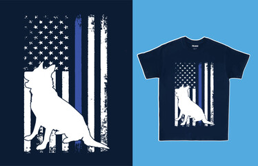 American blue line flag with Dog  - t shirt Design vector