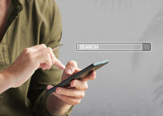 Man searching on the internet with a smartphone, digital marketing concept