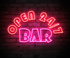 Fototapeta na wymiar Bar restaurant open neon sign advertising marketing background wallpaper