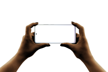 Phone in woman dark skin hands horizontal. Isolated background and display for mockup, app presentation. PNG transparent