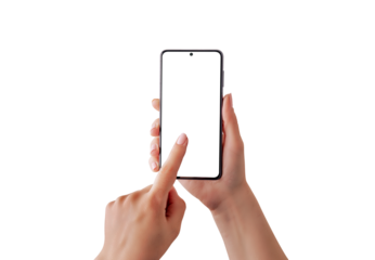 Isolated smartphone and display in woman hands. Finger touch screen of smart PNG transparent