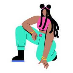 A dark-skinned girl with dreadlocks and trousers in the 90s or 2000s sat down. Young stylish woman holding a lollipop