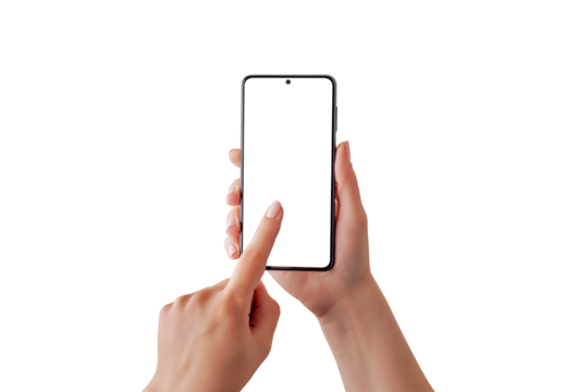 Isolated smartphone and display in woman hands. Finger touch screen of smart PNG transparent