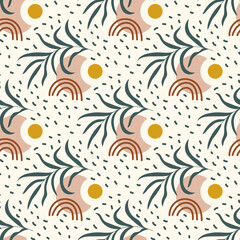 Seamless pattern with leaves and geometric shapes. Pattern in hand drawn style. Background with abstract shapes and scribbles. Repeating texture. Vector illustration. Design paper, fabric.