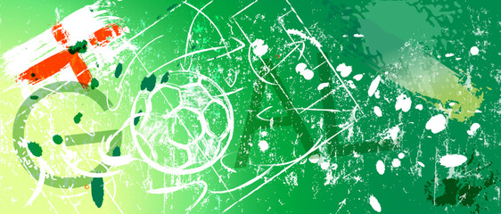 soccer or football illustration for the great soccer event with soccer ball, english flag, soccer field, grungy style