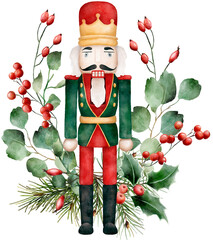 Christmas watercolor arrangement with nutckracker - 536325762