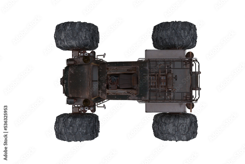 Poster overhead view of black futuristic post apocalyptic off road car with monster wheels. 3d rendering is