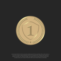 Golden or gold medal seal coin isolated black background. Vector design element