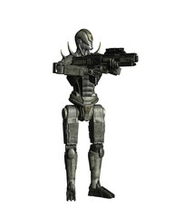 Futuristic robot soldier standing aiming a gun. 3D rendering isolated.