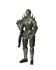Futuristic robot soldier standing guard with a gun. 3D rendering isolated.