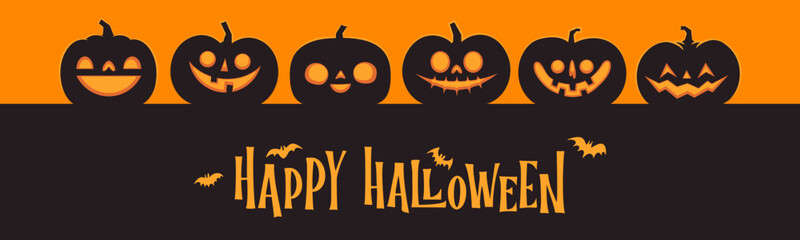 Halloween banner horizontal design with Jack o Lantern carved pumpkins. Simple cartoon spooky design. Trick or treat.