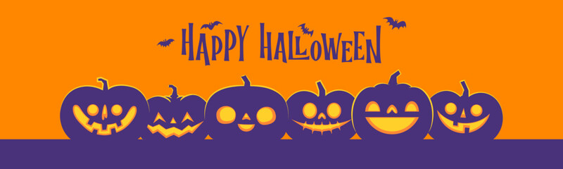 Halloween banner horizontal design with Jack o Lantern carved pumpkins. Simple cartoon spooky design. Trick or treat.