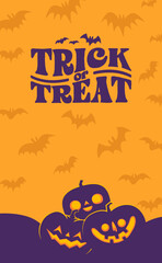 Halloween vertical banner with copy space. Carved Pumpkins Jack O Lantern design. Cute spooky design with fun elements.