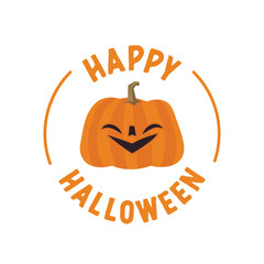 Happy halloween badge with carved pumpkin cartoon illustration. Cute spooky design.