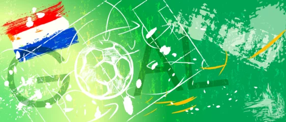Poster Im Rahmen soccer or football illustration for the great soccer event with soccer ball, dutch flag, soccer field, grungy style © Kirsten Hinte