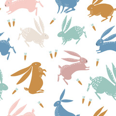 Seamless vector pattern with carrots and cute colorful hares, rabbits, bunnies. Graphic print for children.