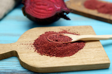 Beetroot flour. The concept of healthy eating dry beer powder. Selective focus