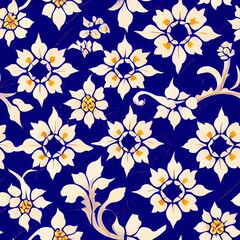 Obraz premium Gorgeous mediterranean tile damask fill background vector seamless pattern. Decorative mosaic ceramic design. Wall and wallpaper decor blue Portuguese azulejo pattern