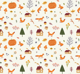 Autumn seamless pattern with foxes - 536327904
