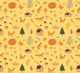 Autumn seamless pattern with foxes - 536328197