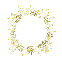 Round frame consisting of wild flowers on a white background, design with wild herbs.