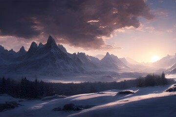 Sunrise in the winter mountains. 