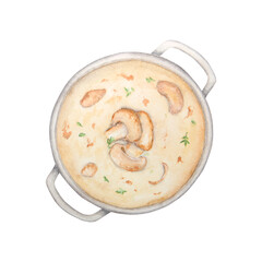 Watercolor illustration of mushroom soup. Champignon. Botanical illustration. Food painting