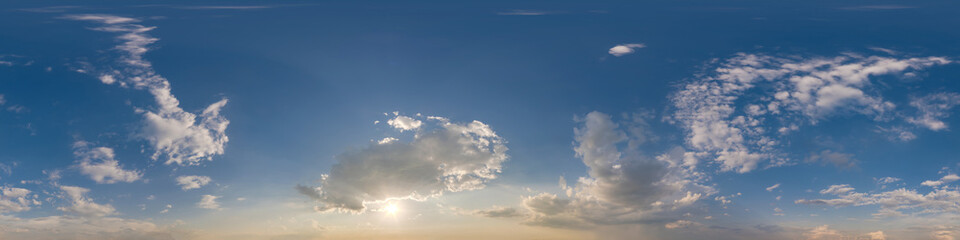 evening dark blue sky hdr 360 panorama with white beautiful clouds in seamless projection with zenith for use in 3d graphics or game development as sky dome or edit drone shot for sky replacement