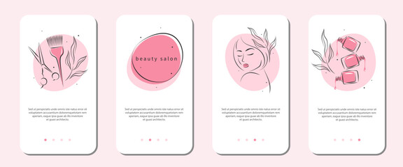 Beauty salon icon set for mobile apps, social media posts and stories. Manicure, makeup, hairdressing. Beautiful woman face, nail polish, scissors and hair brush. Vector illustrations