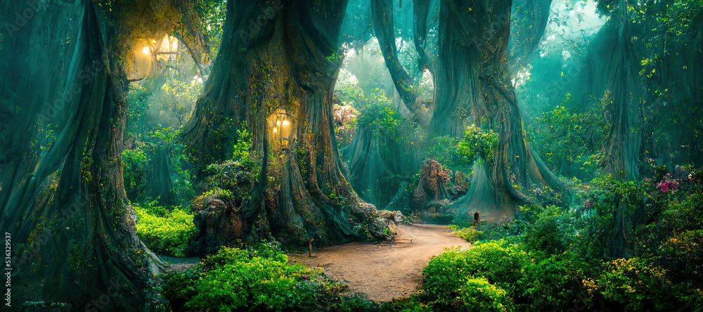 Wall mural a beautiful fairytale enchanted forest with big trees and great vegetation. digital painting backgro