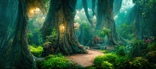Une belle forêt enchantée de conte de fées avec de grands arbres et une grande végétation. Fond de peinture numérique