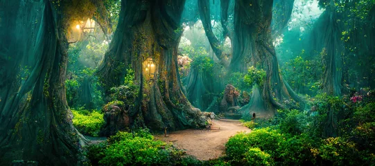 Fotobehang Sprookjesbos Een prachtig sprookjesachtig betoverd bos met grote bomen en geweldige vegetatie. Digitaal schilderen achtergrond