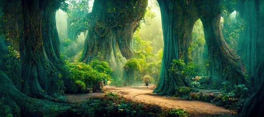 Fotobehang Sprookjesbos A beautiful fairytale enchanted forest with big trees and great vegetation. Digital painting background