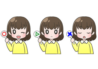 マル・バツ・サンカクの札を持つ黄色の服を着た女性セット