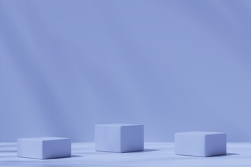 Three cubic pedestals on a blue background, 3d render
