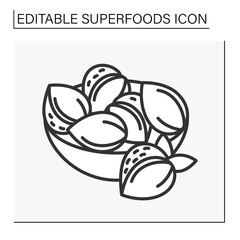  Food line icon. Almonds organic balanced nutrition. Vegetarian food.Superfood concept. Isolated vector illustration. Editable stroke