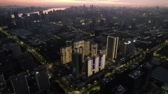 aerial view of modern cityscape at twilight